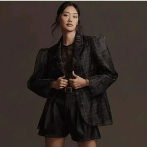 NWT By Anthropologie Women's Navy Plaid Pattern Tulle Overlay Blazer Size XL